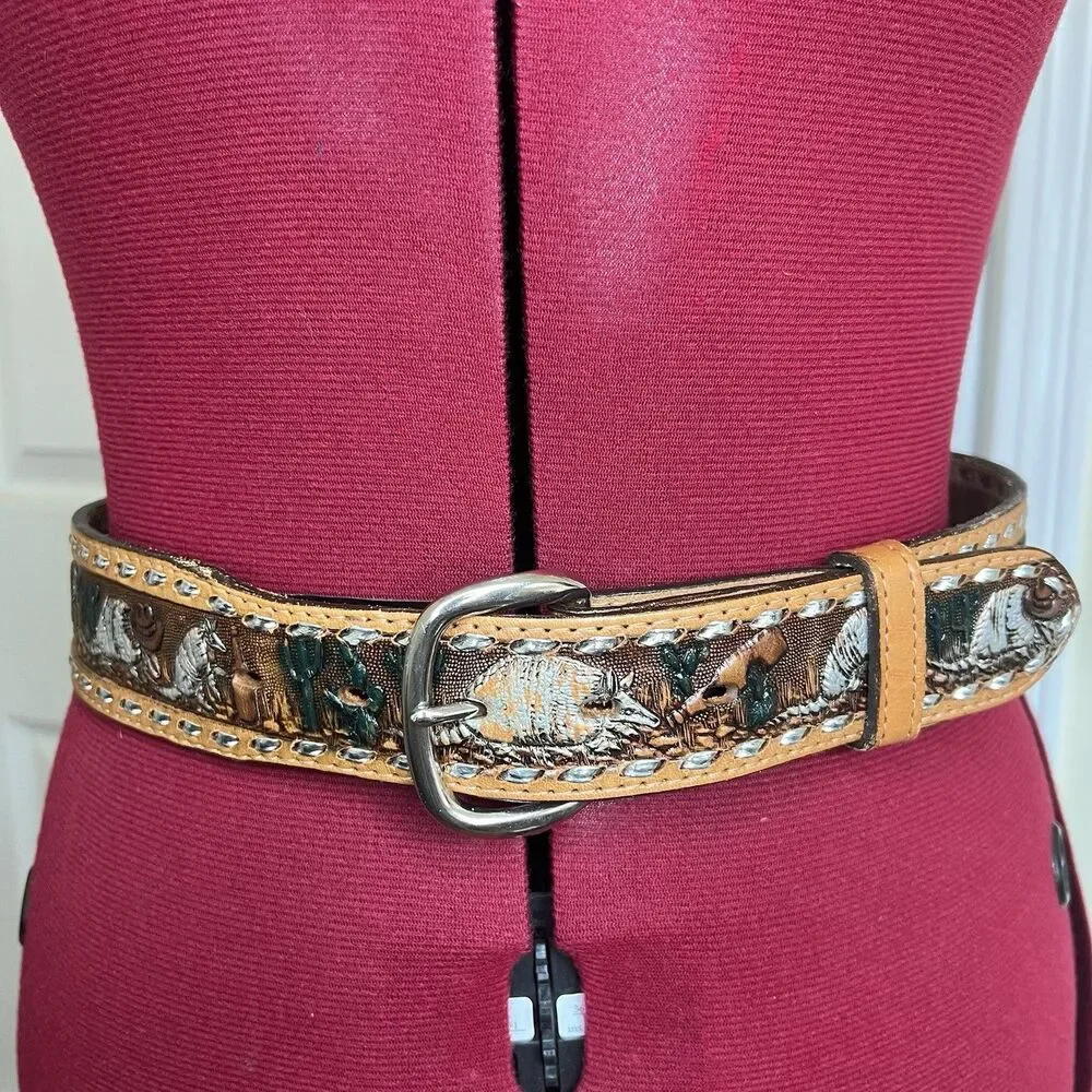 Vtg‎ Circle Y Womens Western Animal Scene Stamped Angie Tooled Belt Leather 32